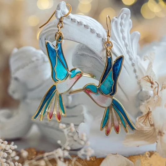 Graceful Hummingbird Blue Enamel Earrings - emmy-rae-jewels.com