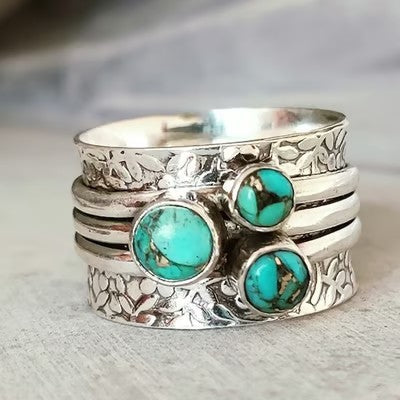 Bohemian Three Eyed Turquoise Hammer Pattern Ring - emmy-rae-jewels.com