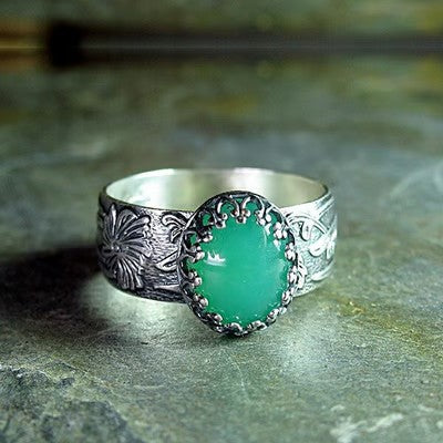 Carved Flower Emerald Silver Ring - emmy-rae-jewels.com