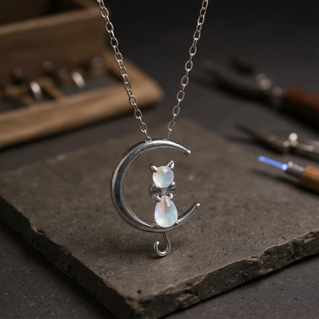 Moonstone Crescent Cat Necklace - emmy-rae-jewels.com