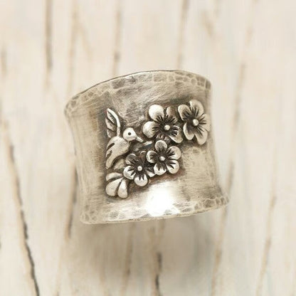 Bird Flower Wide Band Silver Ring - emmy-rae-jewels.com