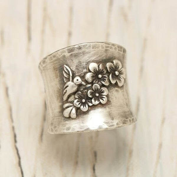 Bird Flower Wide Band Silver Ring