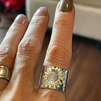 Golden Sunflower Wide Band Silver Ring - emmy-rae-jewels.com