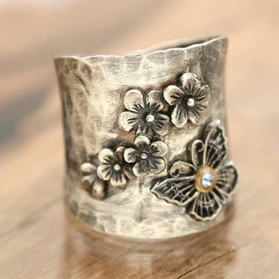 925 Bee Flower Butterfly Wide Band Ring - emmy-rae-jewels.com
