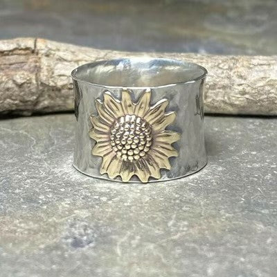 Golden Sunflower Wide Band Silver Ring - emmy-rae-jewels.com