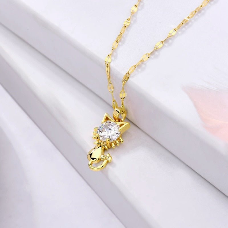 Gold platted cat necklace with zircon - emmy-rae-jewels.com