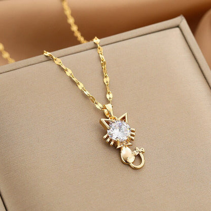 Gold platted cat necklace with zircon - emmy-rae-jewels.com