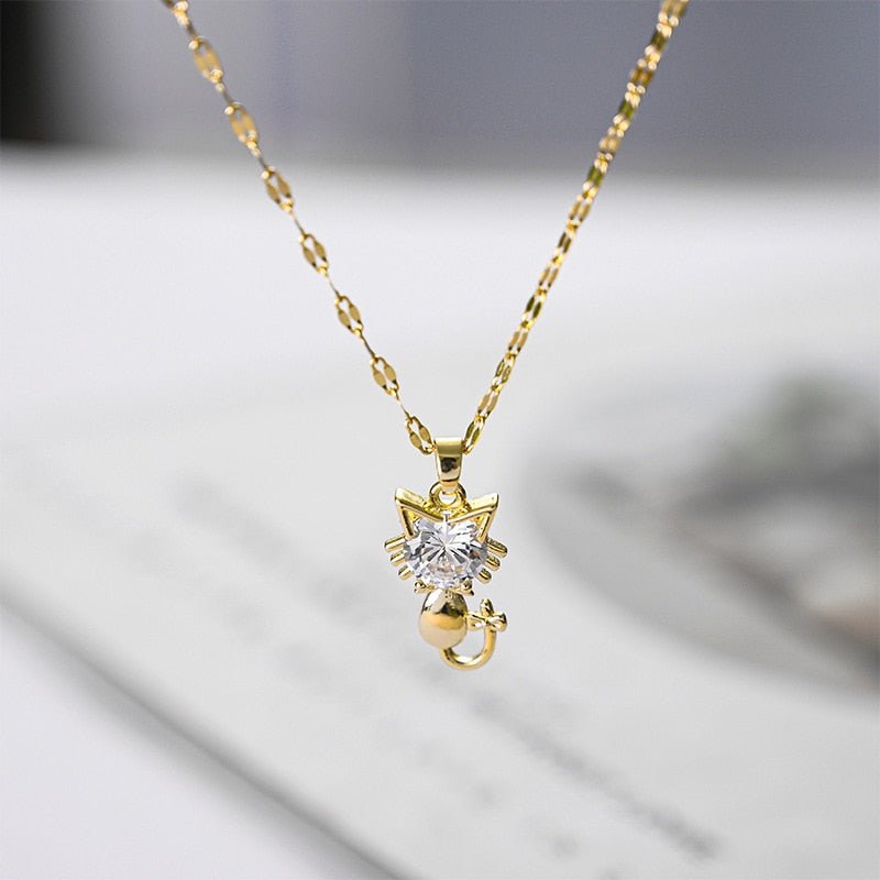 Gold platted cat necklace with zircon - emmy-rae-jewels.com