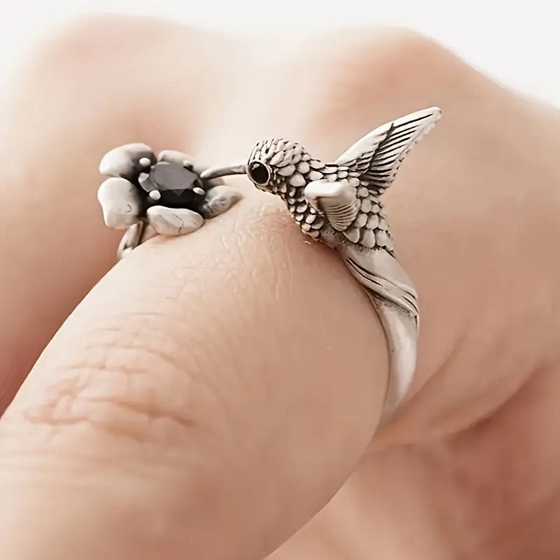 Hummingbird and Flower Open Ring - emmy-rae-jewels.com