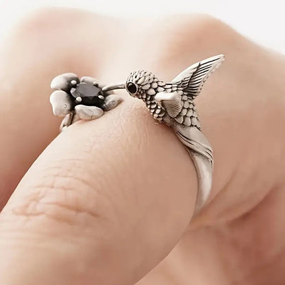 Hummingbird and Flower Open Ring - emmy-rae-jewels.com