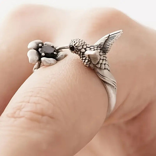 Hummingbird and Flower Open Ring - emmy-rae-jewels.com