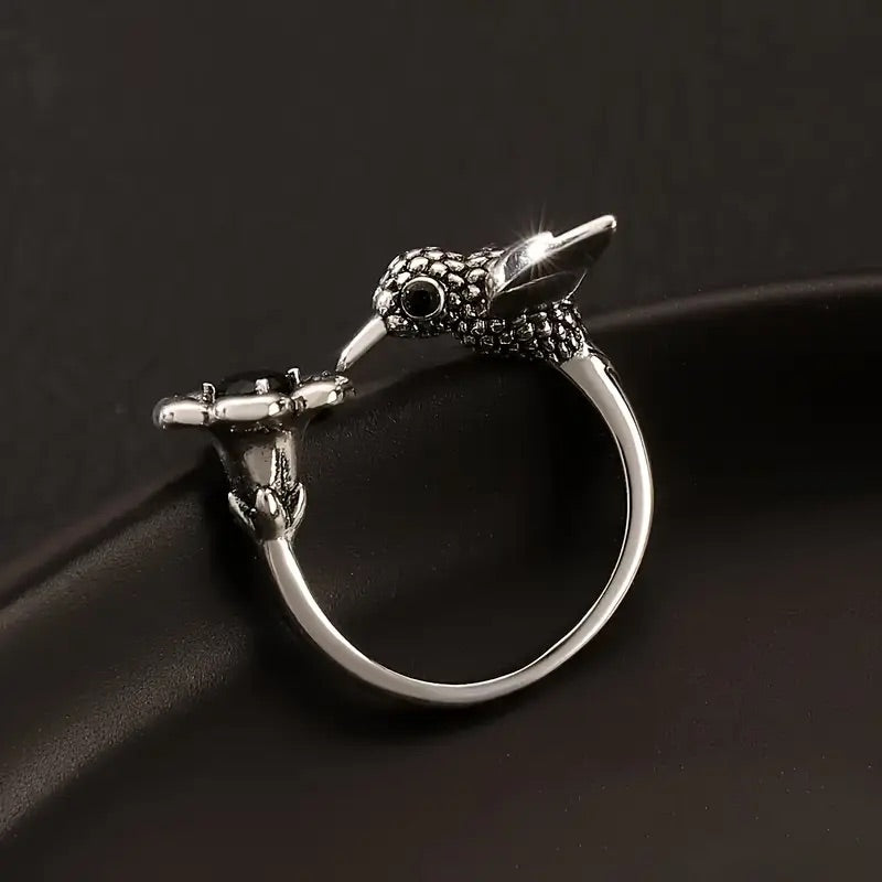 Hummingbird and Flower Open Ring - emmy-rae-jewels.com