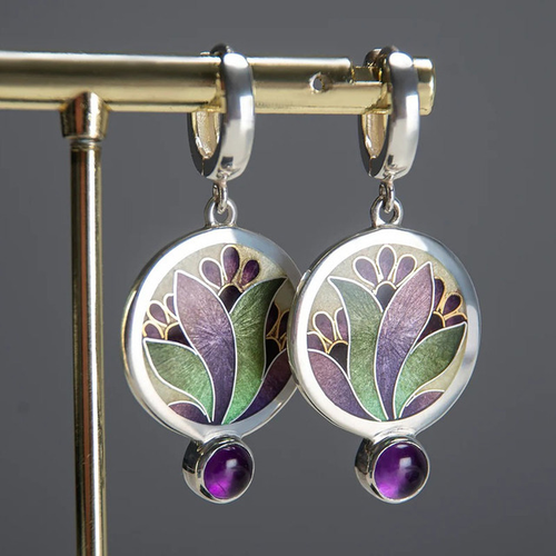 Boho Purple Crystal Silver Earrings