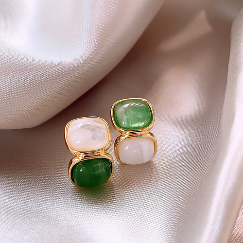 Elegant Earrings with White and Green Stones in Gold - emmy-rae-jewels.com