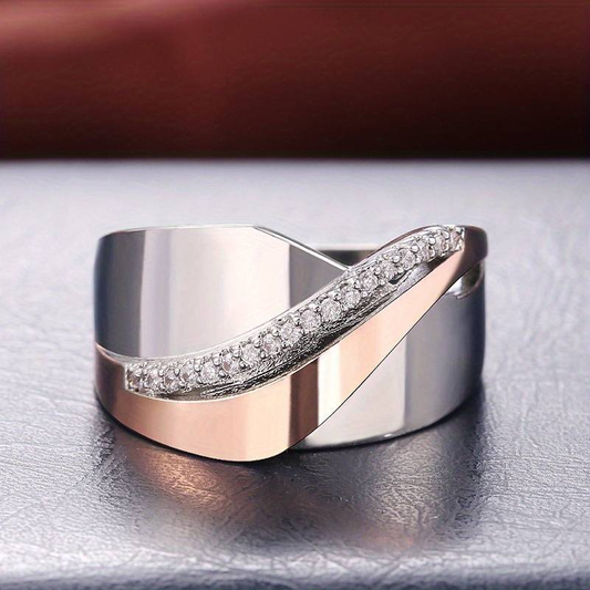 Vintage rose gold and silver ring with zirconia