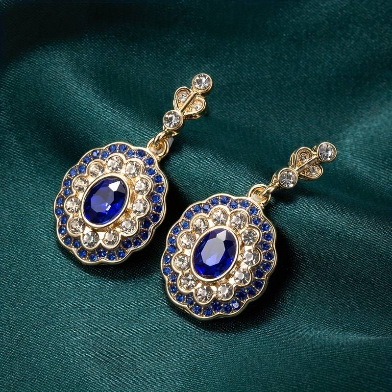 Blue Crystal Mandala Earrings on Vintage Gold - emmy-rae-jewels.com