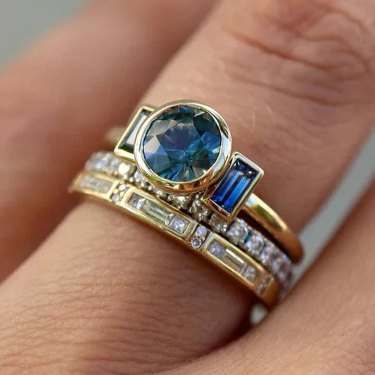 Antique Blue Elegant Ring Set | Gold - emmy-rae-jewels.com