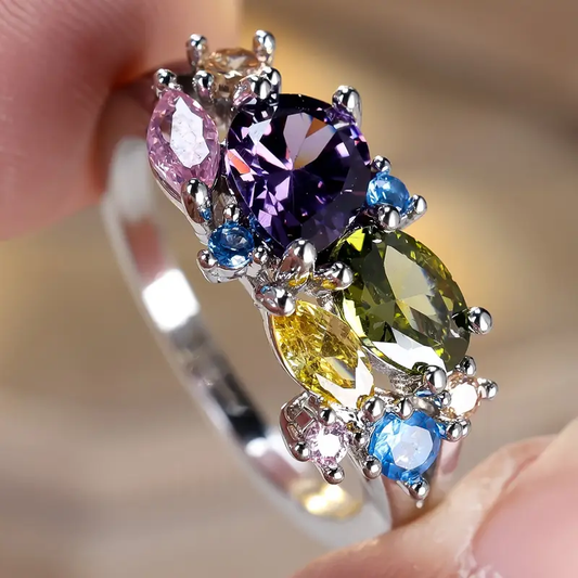 Vintage Colorful Crystal Silvered Ring - emmy-rae-jewels.com