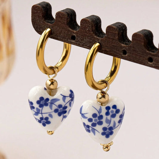 Classic Gold Porcelain Heart Earrings