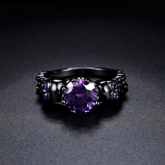 Vintage Black Round Purple Gemstone & Intricate Design Ring