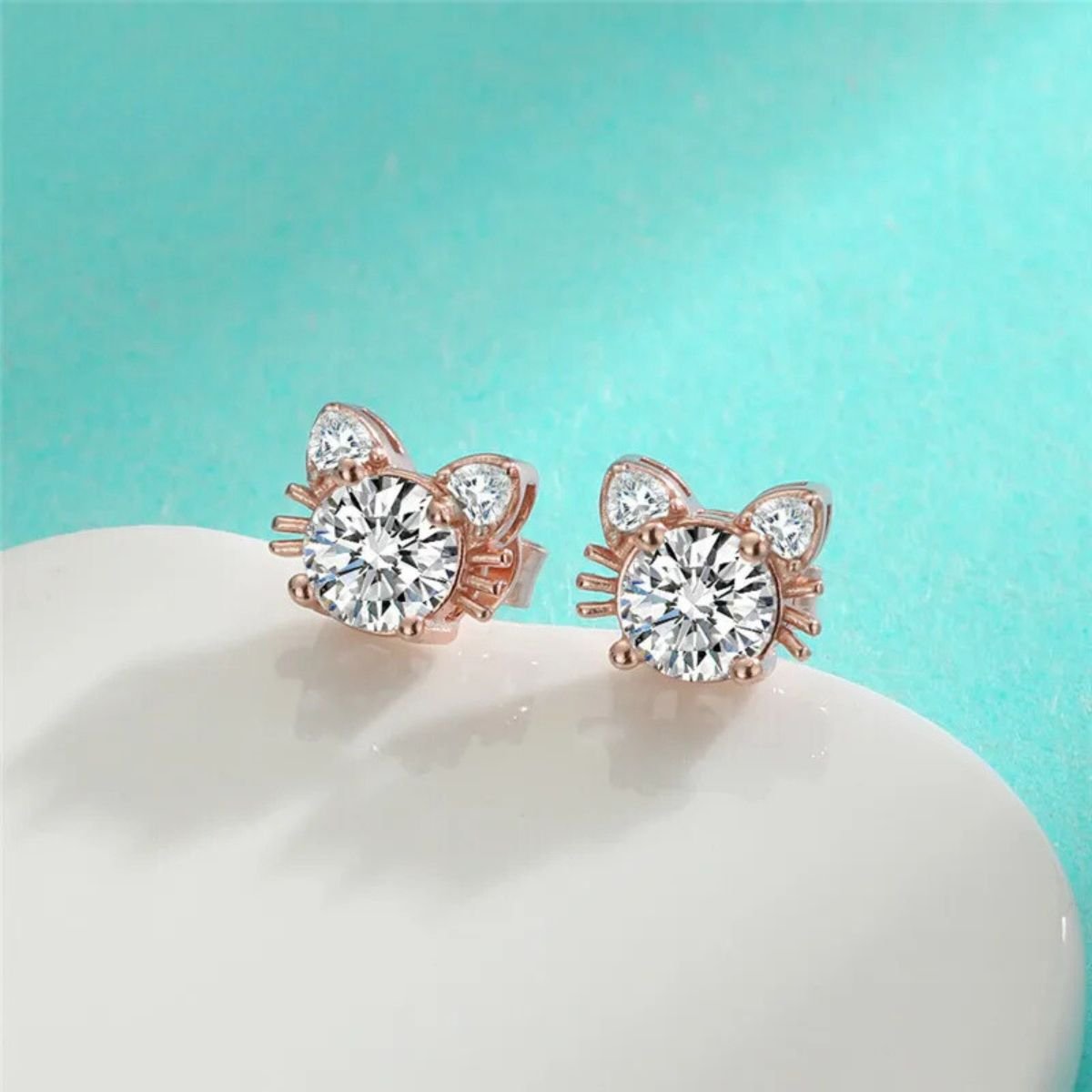 Moissanite Rose Gold Cat Stud Earrings in 925 Sterling Silver - emmy-rae-jewels.com