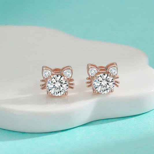 Moissanite Rose Gold Cat Stud Earrings in 925 Sterling Silver - emmy-rae-jewels.com