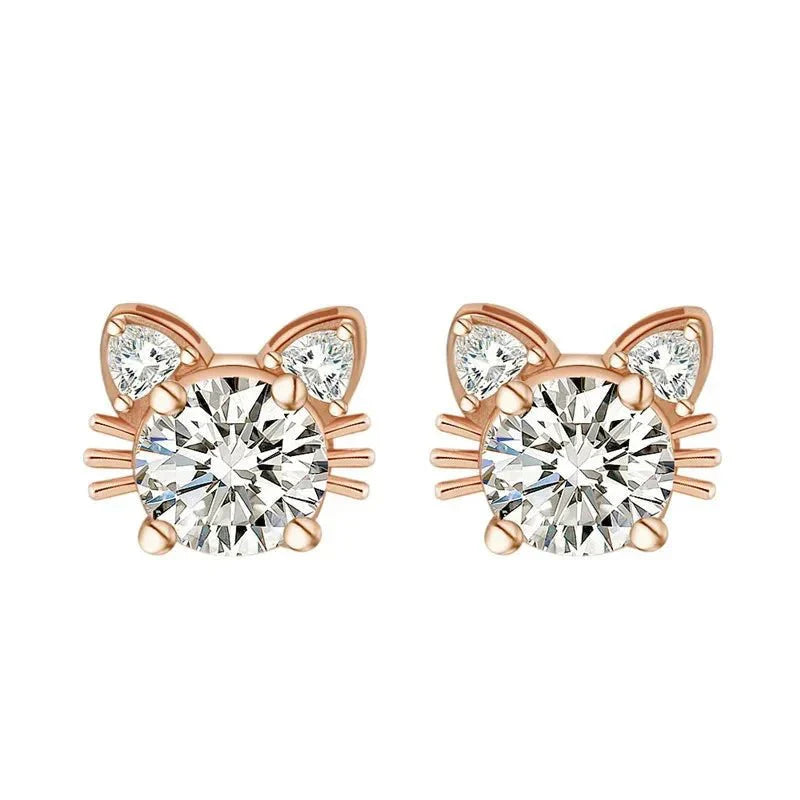 Moissanite Rose Gold Cat Stud Earrings in 925 Sterling Silver - emmy-rae-jewels.com