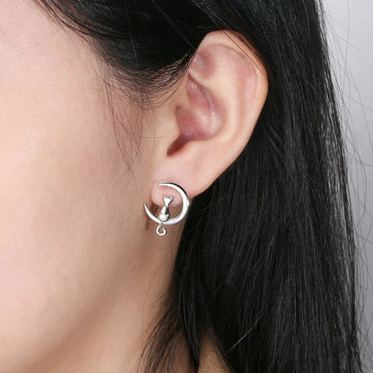 Moon & Cat Sterling Silver Stud Cat Earrings - emmy-rae-jewels.com