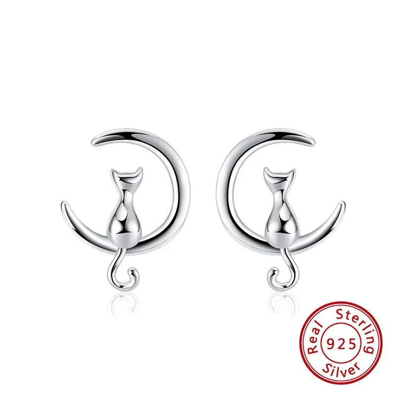 Moon & Cat Sterling Silver Stud Cat Earrings - emmy-rae-jewels.com