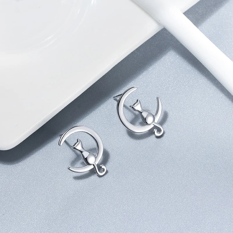 Moon & Cat Sterling Silver Stud Cat Earrings - emmy-rae-jewels.com