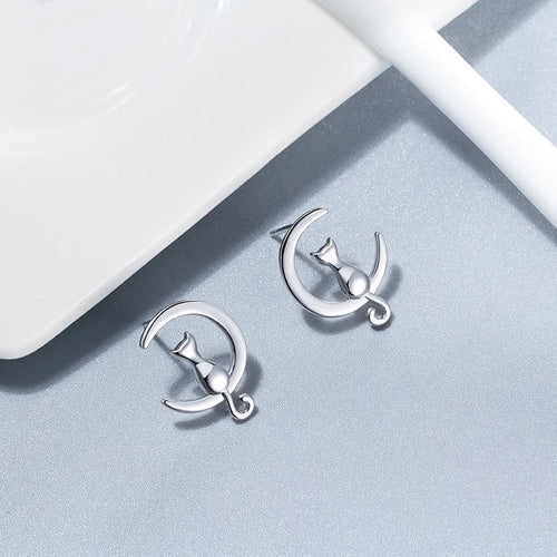 Moon & Cat Sterling Silver Stud Cat Earrings - emmy-rae-jewels.com