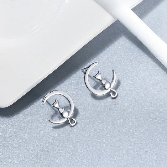 Moon & Cat Sterling Silver Stud Cat Earrings - emmy-rae-jewels.com