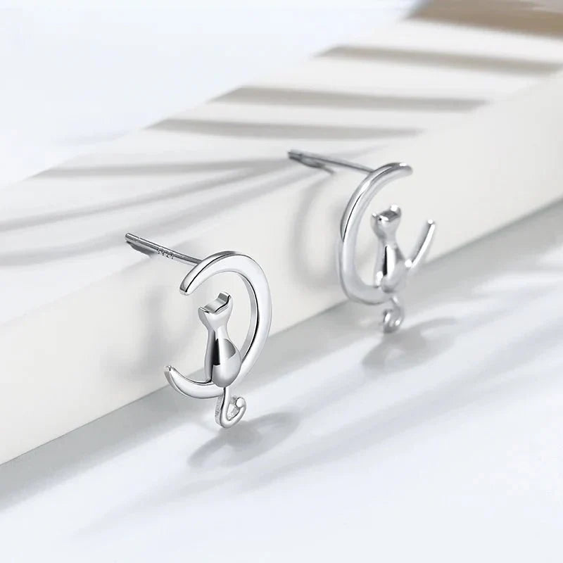 Moon & Cat Sterling Silver Stud Cat Earrings - emmy-rae-jewels.com