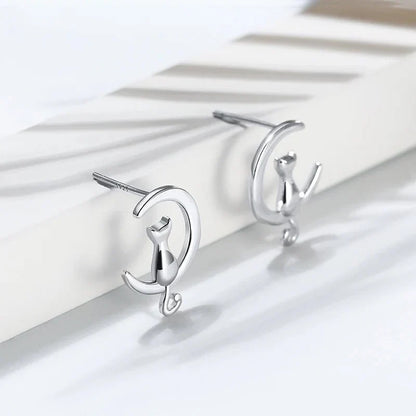 Moon & Cat Sterling Silver Stud Cat Earrings - emmy-rae-jewels.com