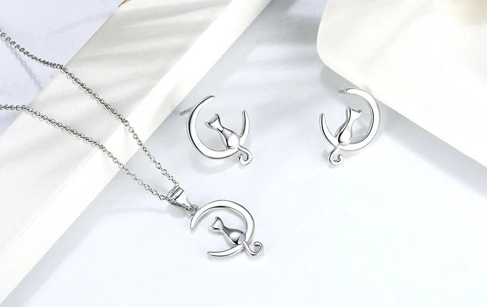 Moon & Cat Sterling Silver Stud Cat Earrings - emmy-rae-jewels.com