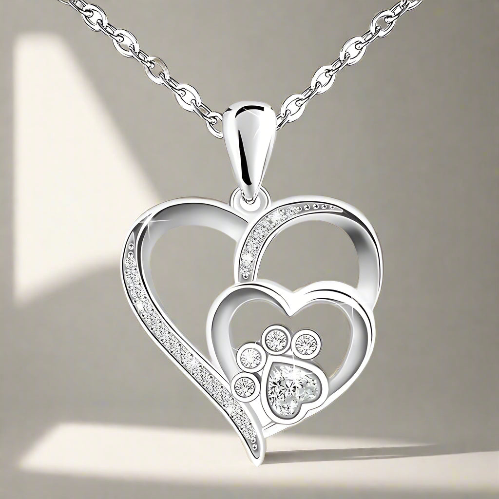 Sterling Silver Paw & Heart Necklace with Zirconia - emmy-rae-jewels.com