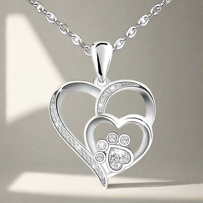 Sterling Silver Paw & Heart Necklace with Zirconia - emmy-rae-jewels.com