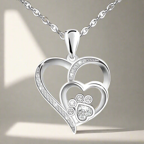 Sterling Silver Paw & Heart Necklace with Zirconia - emmy-rae-jewels.com