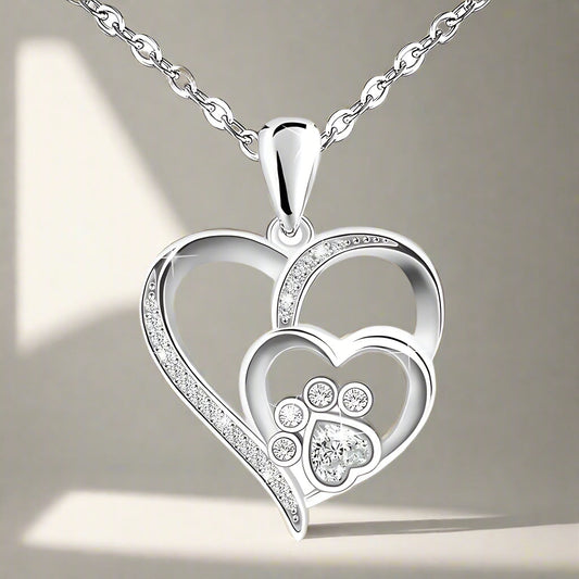 Sterling Silver Paw & Heart Necklace with Zirconia - emmy-rae-jewels.com