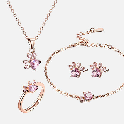 Rose Gold Paw Jewelry Set – 4 Pieces with Zirconia Heart (Ring, Necklace, Earrings, Bracelet) - emmy-rae-jewels.com