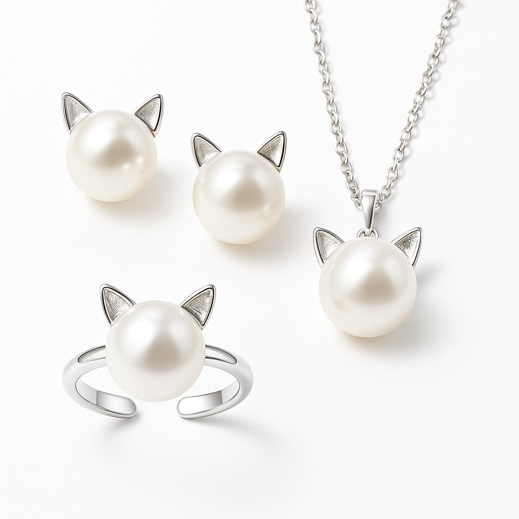 Beautiful Pearl Cat Necklace with Bonus Earrings + Ring - emmy-rae-jewels.com