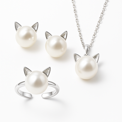 Beautiful Pearl Cat Necklace with Bonus Earrings + Ring - emmy-rae-jewels.com