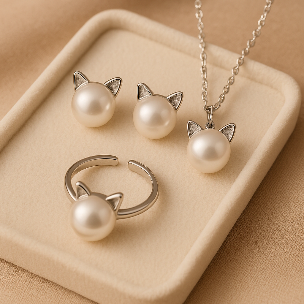 Beautiful Pearl Cat Necklace with Bonus Earrings + Ring - emmy-rae-jewels.com