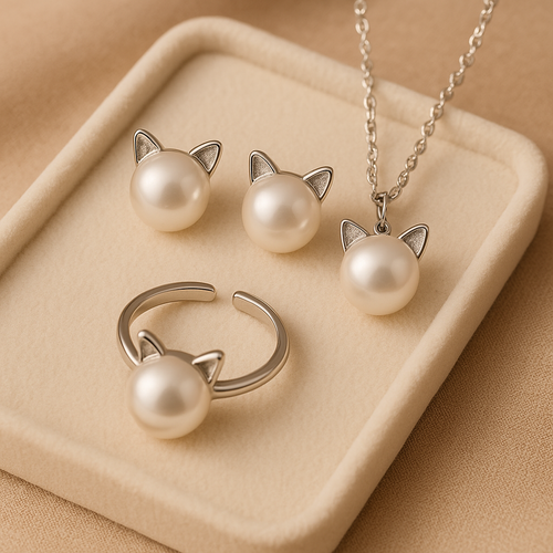 Beautiful Pearl Cat Necklace with Bonus Earrings + Ring - emmy-rae-jewels.com