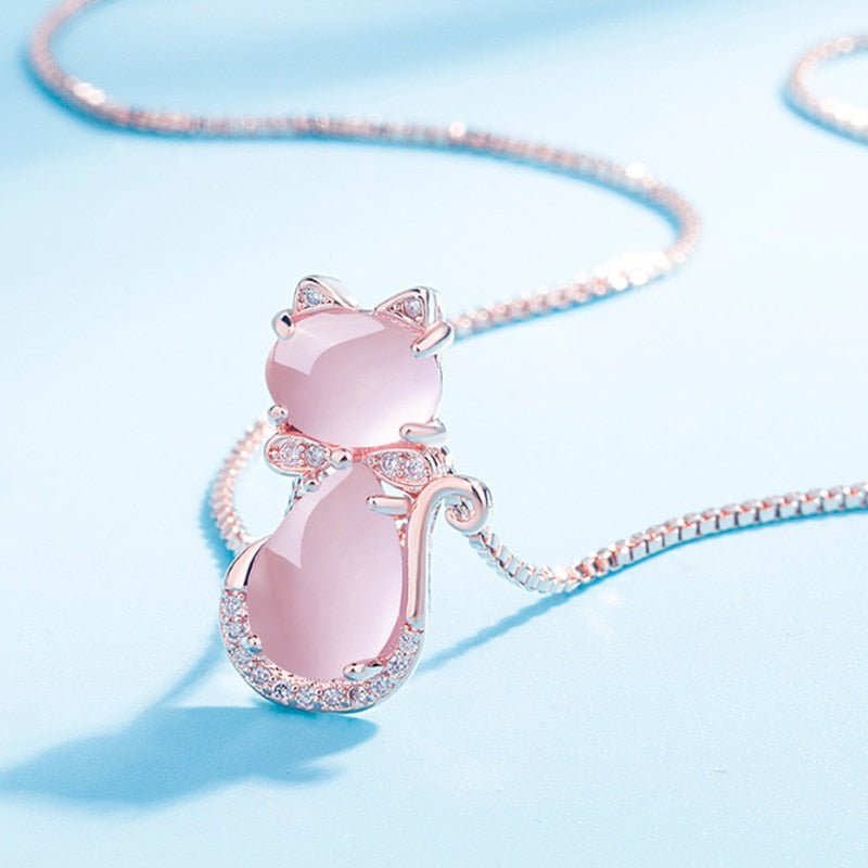 Pink stone lovely cat necklace with zircon - emmy-rae-jewels.com