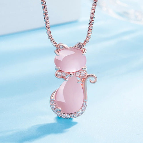 Pink stone lovely cat necklace with zircon - emmy-rae-jewels.com