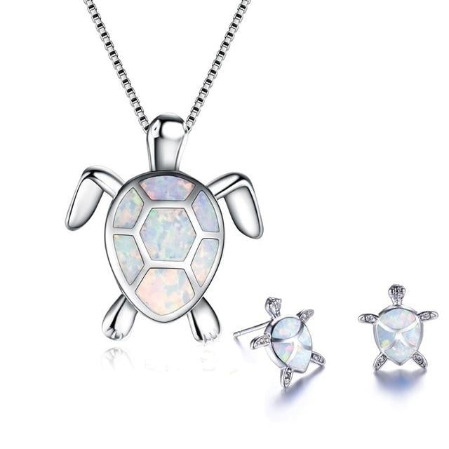 Sea Turtle Necklace + Earrings Set in Opal and Silver - emmy-rae-jewels.com