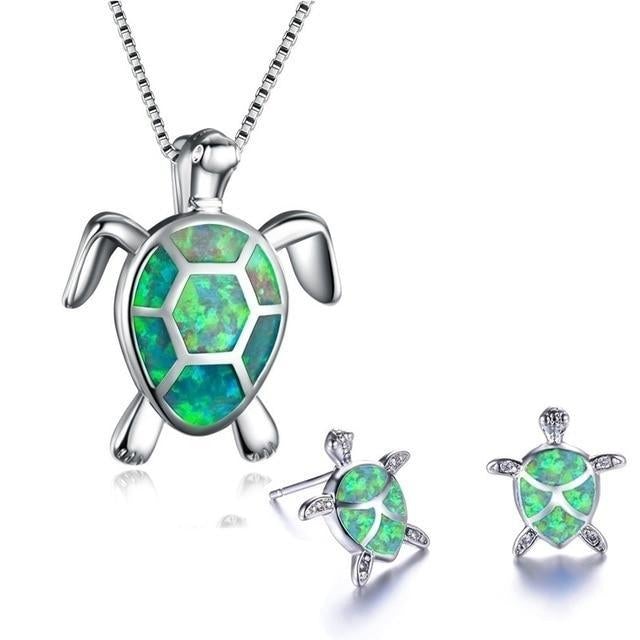 Sea Turtle Necklace + Earrings Set in Opal and Silver - emmy-rae-jewels.com