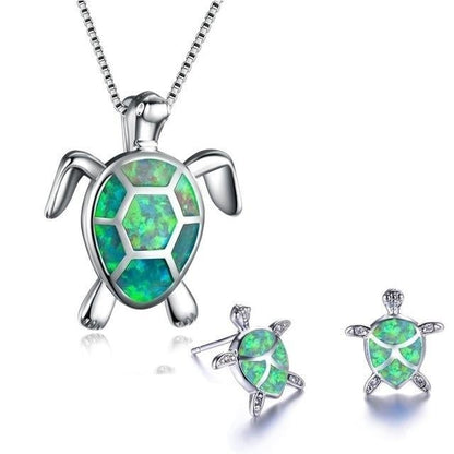 Sea Turtle Necklace + Earrings Set in Opal and Silver - emmy-rae-jewels.com