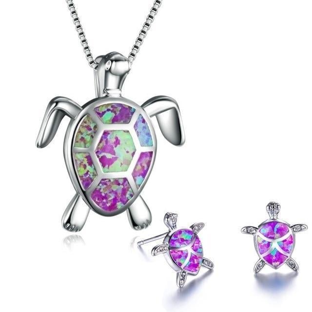 Sea Turtle Necklace + Earrings Set in Opal and Silver - emmy-rae-jewels.com